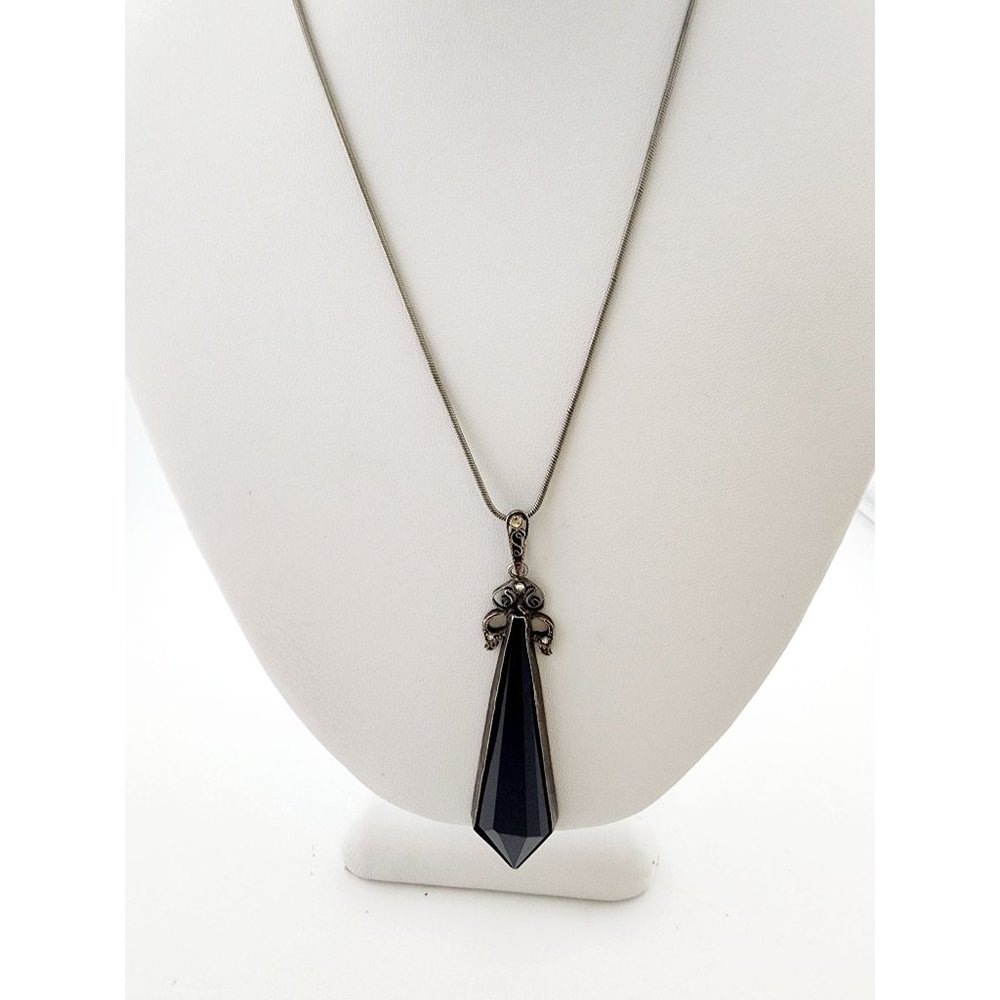 Antique Unique Sterling & Marcasite Elongated Glass Art Deco Pendant Necklace